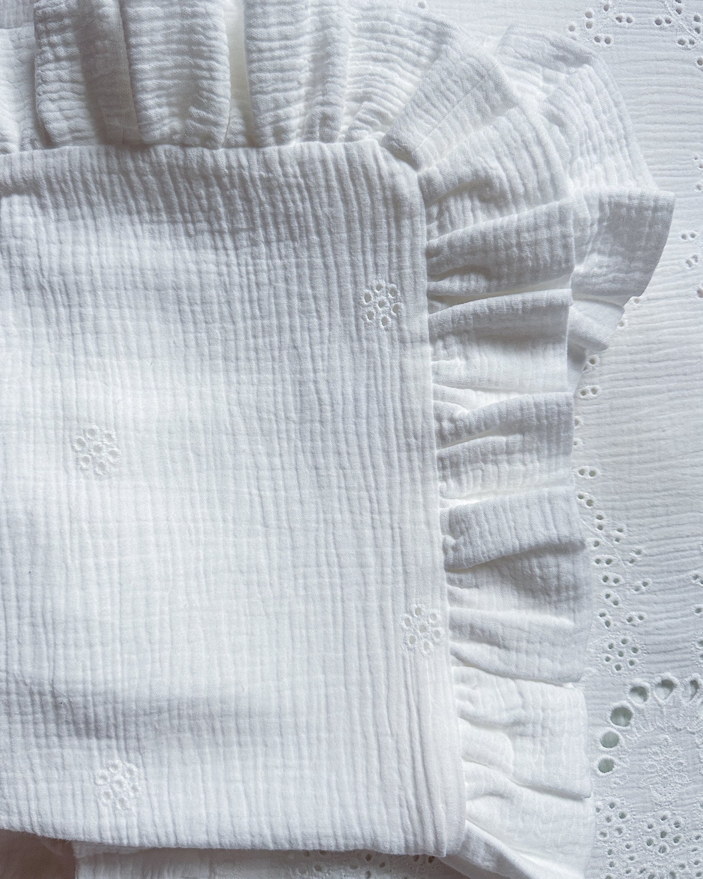 White Embroidered Muslin Kids Bedding Set with Ruffles | Soft Cotton Nursery Bedding