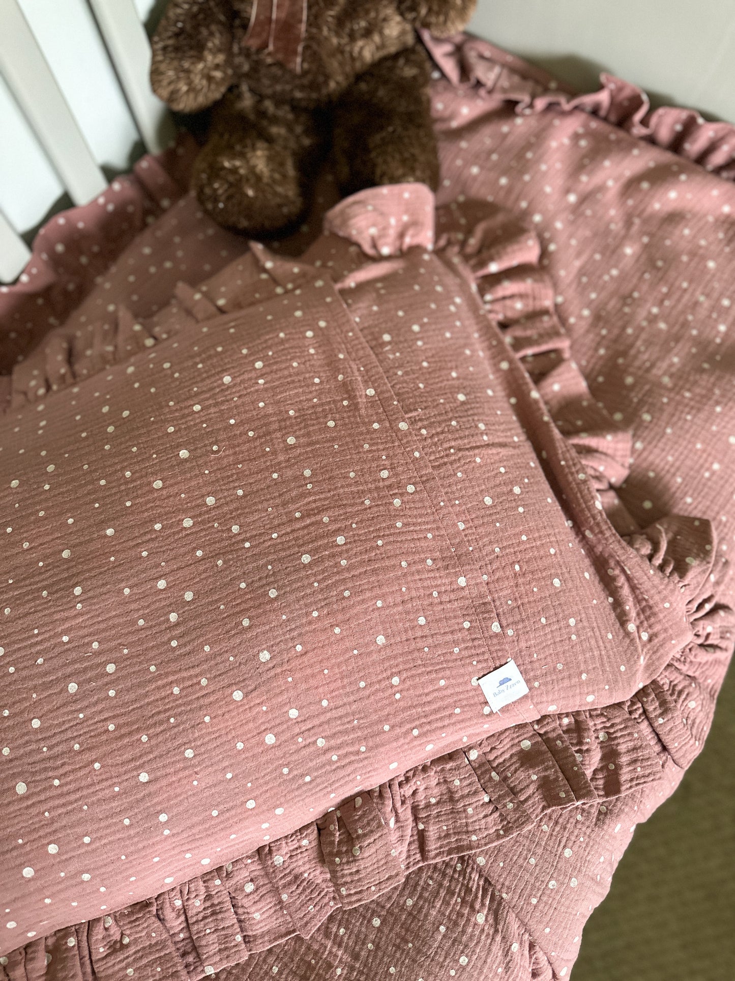 Dusty Pink Muslin Kids Bedding Set with Ruffles and Polka Dots | Soft Cotton Nursery Bedding