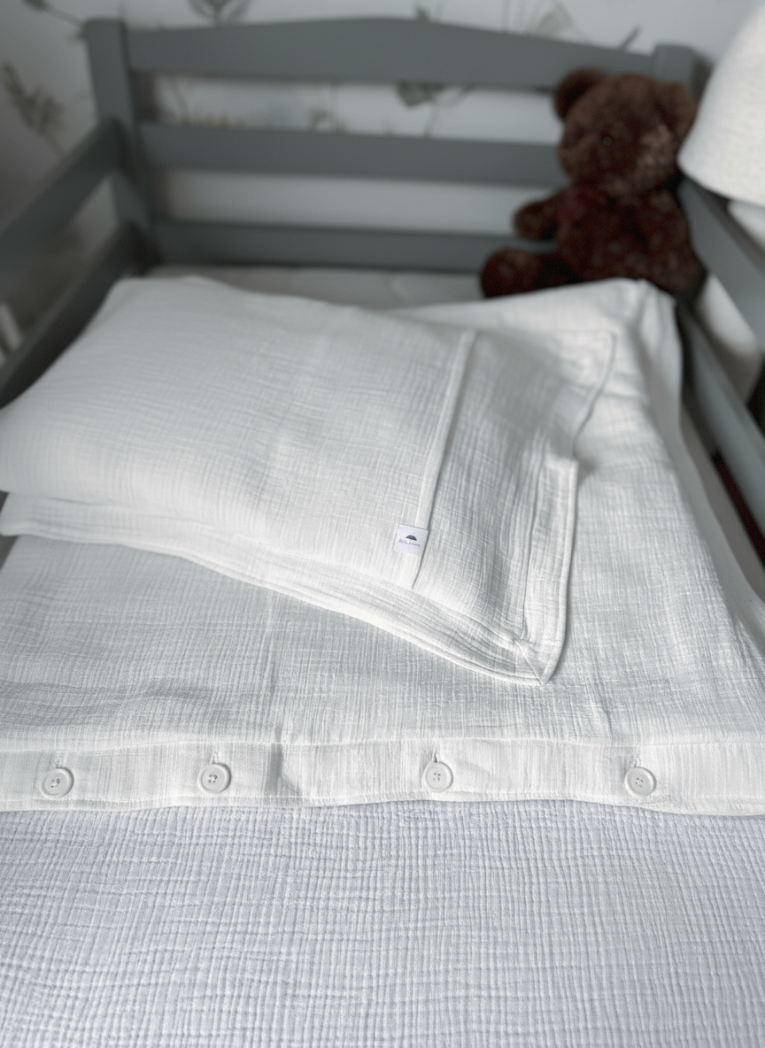 White Boho Muslin Kids Bedding Set with Decorative Edge | Soft Cotton Nursery Bedding