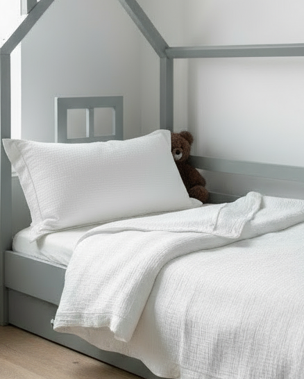 White Boho Muslin Kids Bedding Set with Decorative Edge | Soft Cotton Nursery Bedding