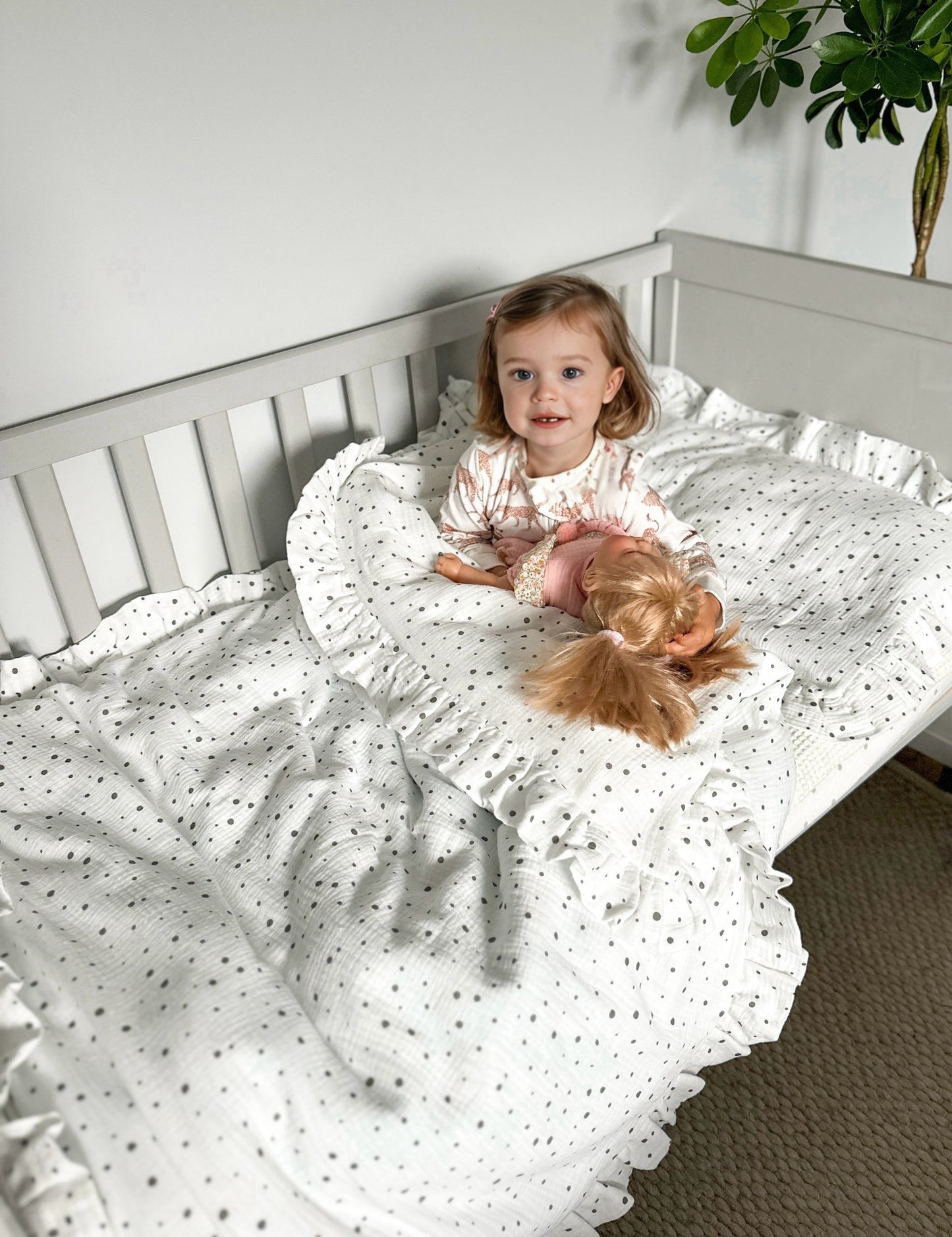 White Muslin Kids Bedding Set with Ruffles and Polka Dots | Soft Cotton Nursery Bedding