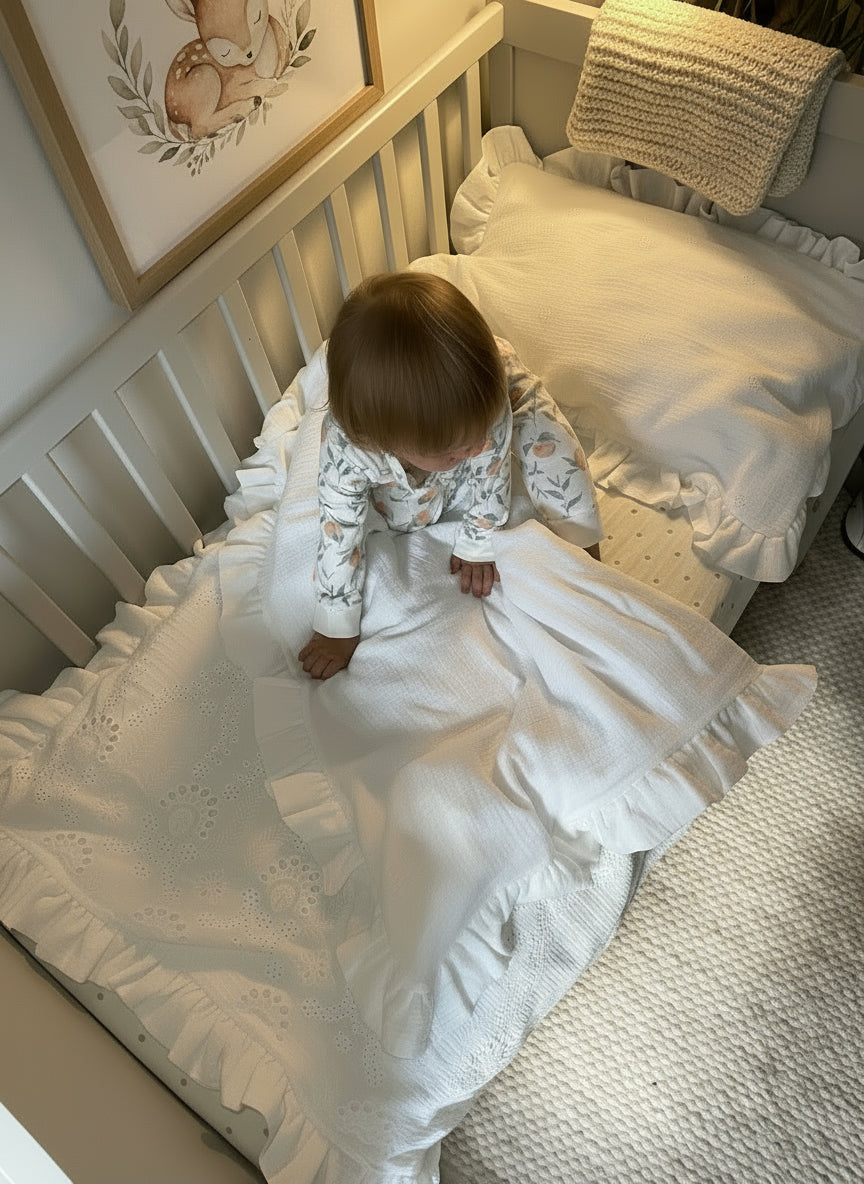 White Embroidered Muslin Kids Bedding Set with Ruffles | Soft Cotton Nursery Bedding