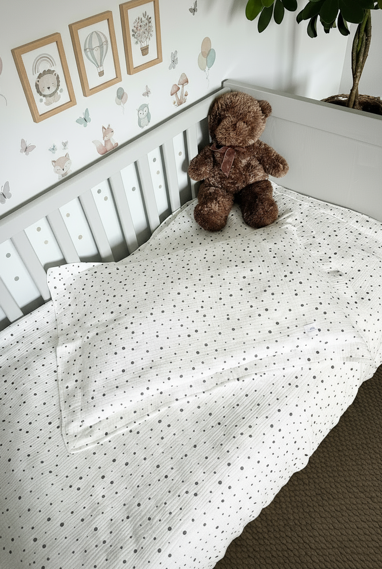 White Muslin Kids Bedding Set with Decorative Edge and Polka Dots | Soft Cotton Nursery Bedding