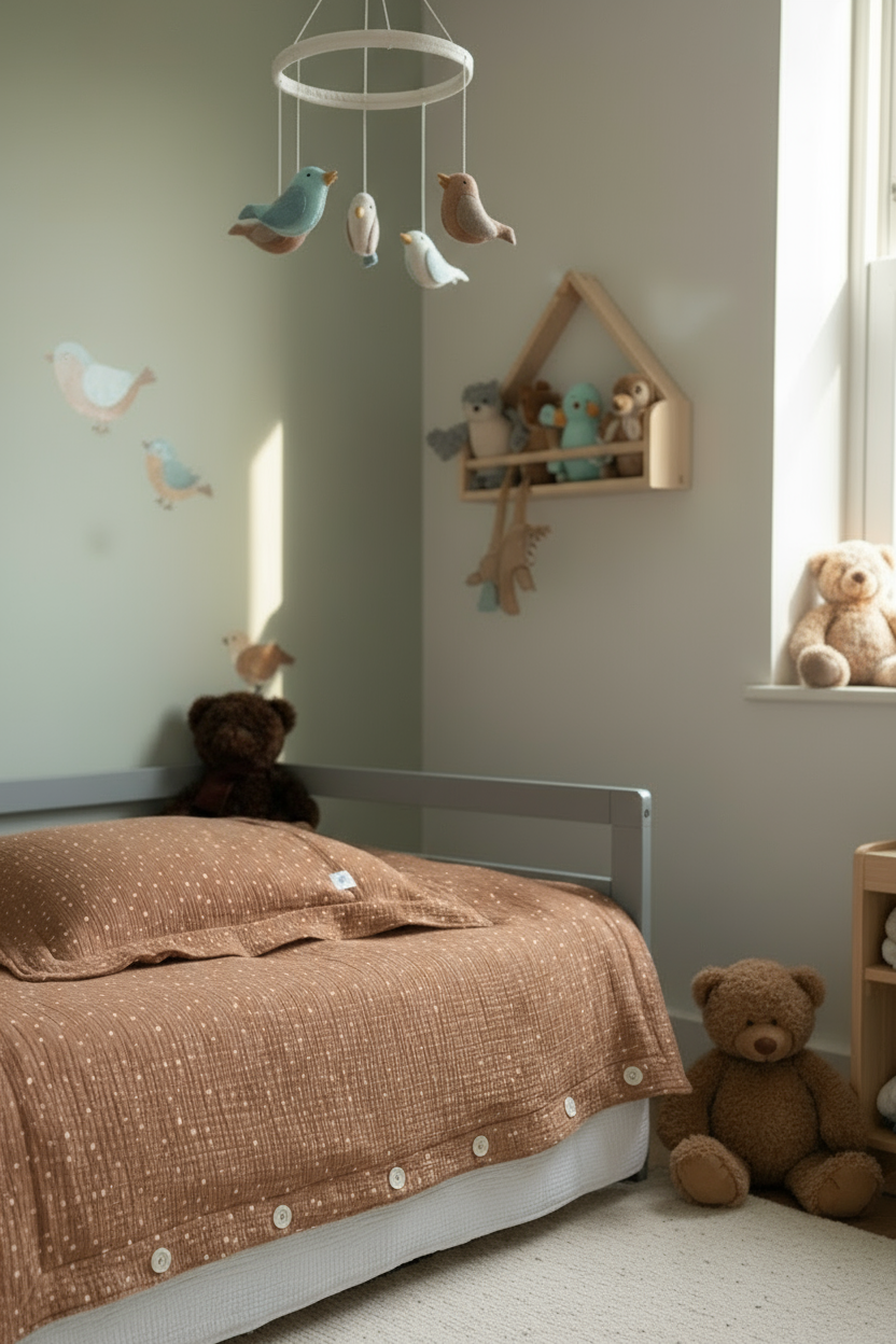 Brown Muslin Kids Bedding Set with Decorative Edge and Polka Dots | Soft Cotton Nursery Bedding