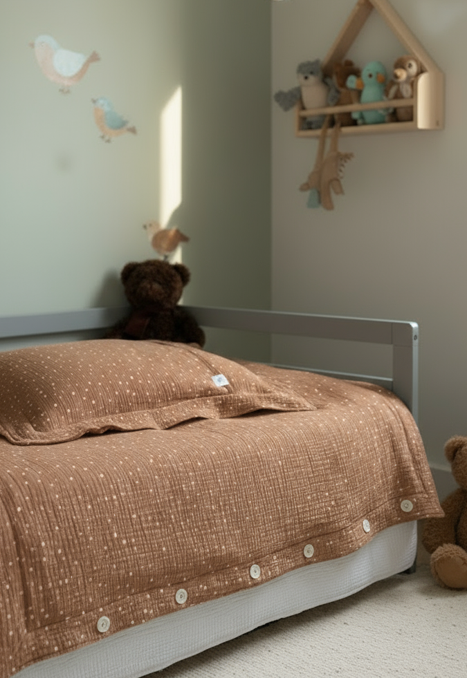 Brown Muslin Kids Bedding Set with Decorative Edge and Polka Dots | Soft Cotton Nursery Bedding