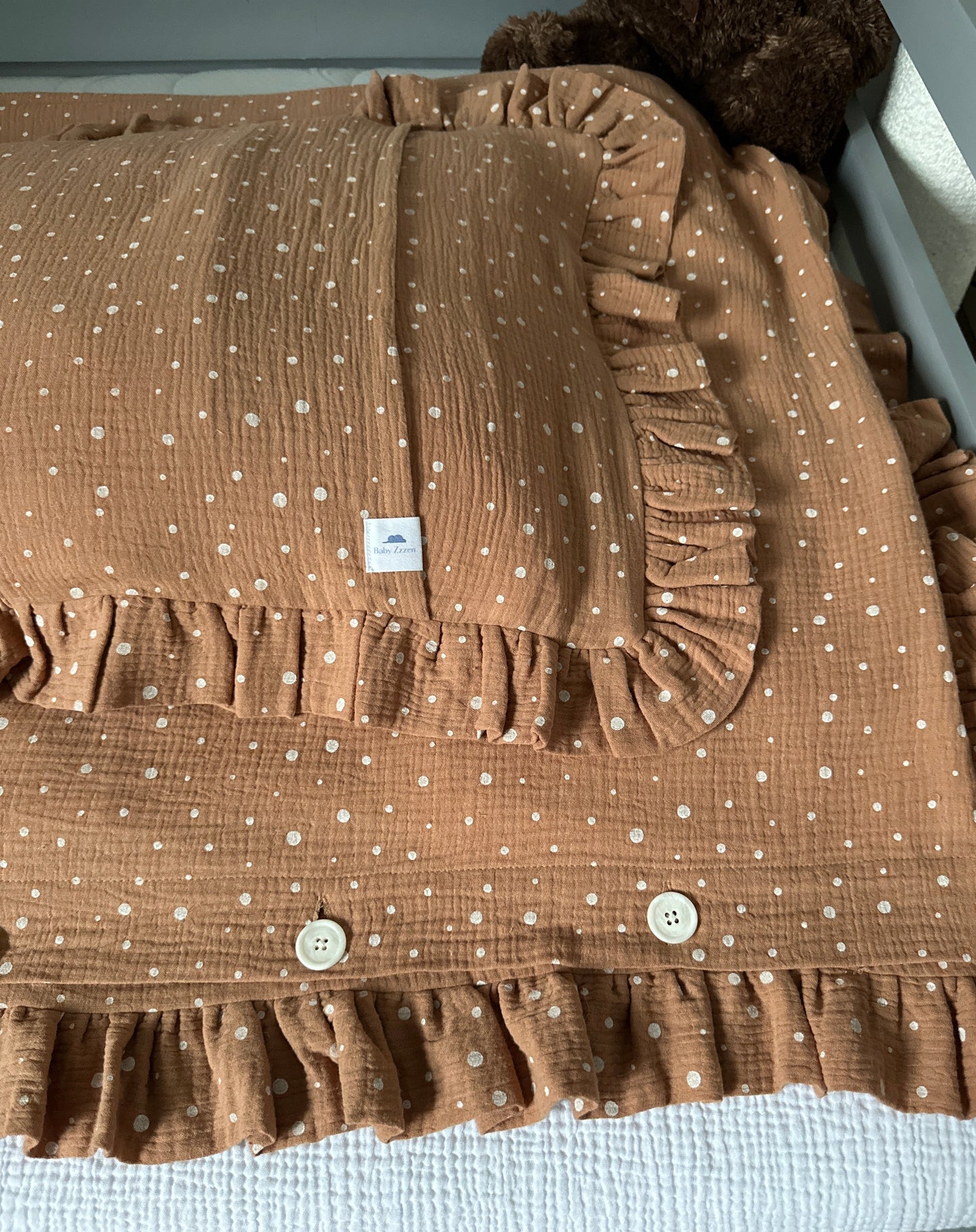 Brown Muslin Kids Bedding Set with Ruffles and Polka Dots | Soft Cotton Nursery Bedding