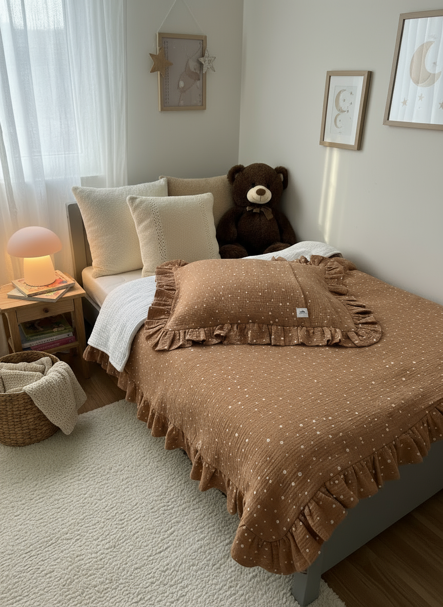 Brown Muslin Kids Bedding Set with Ruffles and Polka Dots | Soft Cotton Nursery Bedding