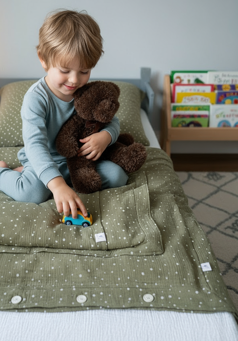 Sage Green Muslin Kids Bedding Set with Decorative Edge and Polka Dots | Soft Cotton Nursery Bedding