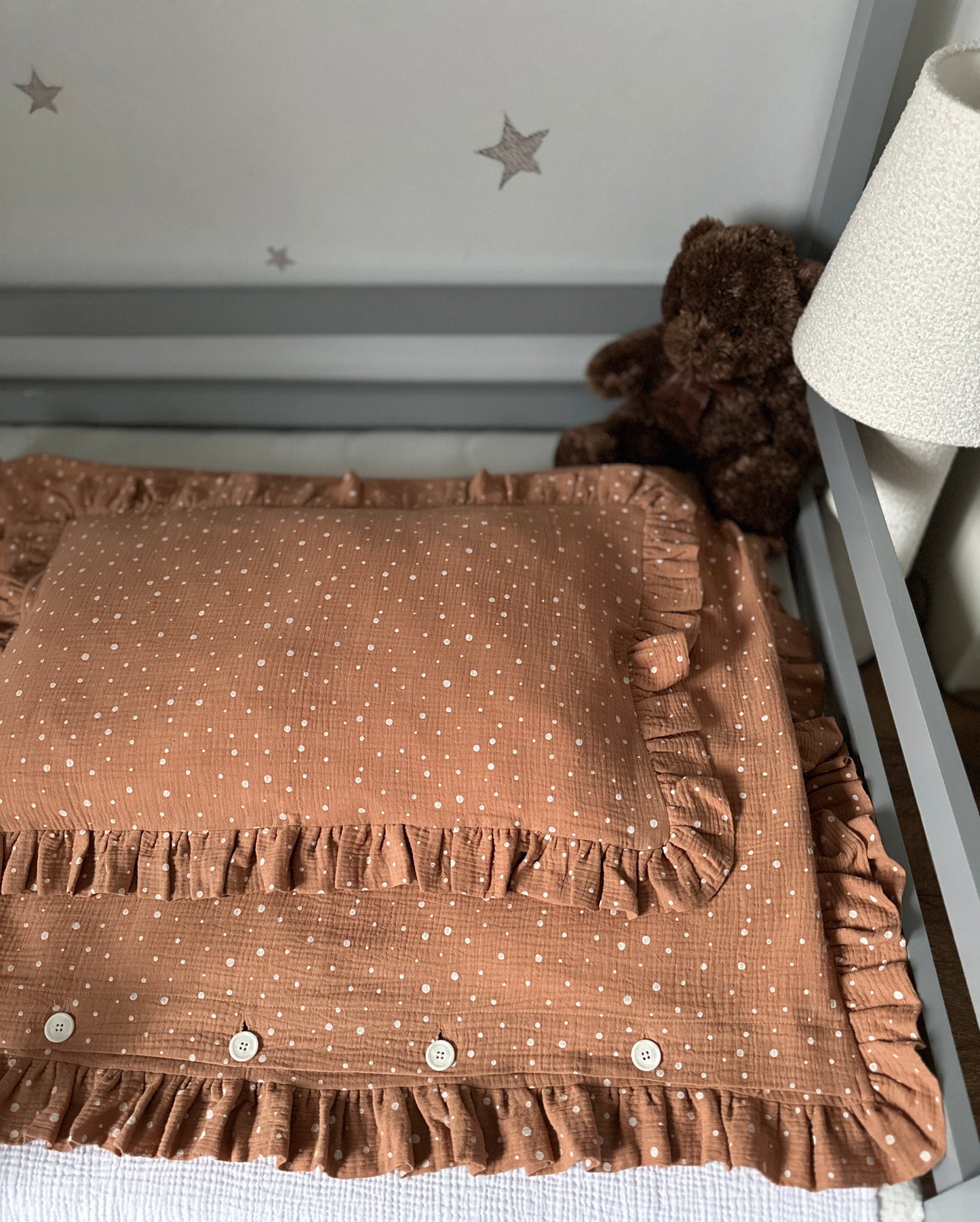 Brown Muslin Kids Bedding Set with Ruffles and Polka Dots | Soft Cotton Nursery Bedding