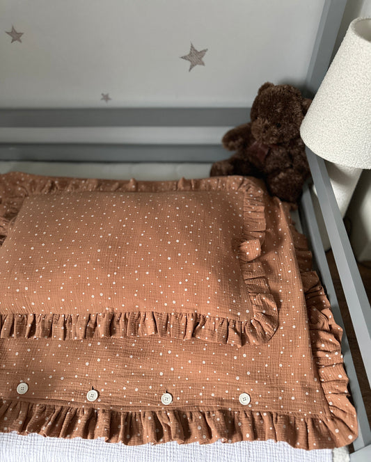 Brown Muslin Kids Bedding Set with Ruffles and Polka Dots | Soft Cotton Nursery Bedding