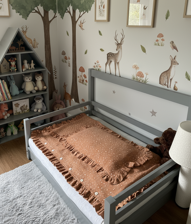 Brown Muslin Kids Bedding Set with Ruffles and Polka Dots | Soft Cotton Nursery Bedding