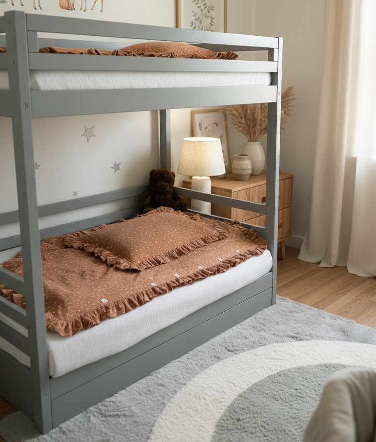 Brown Muslin Kids Bedding Set with Ruffles and Polka Dots | Soft Cotton Nursery Bedding