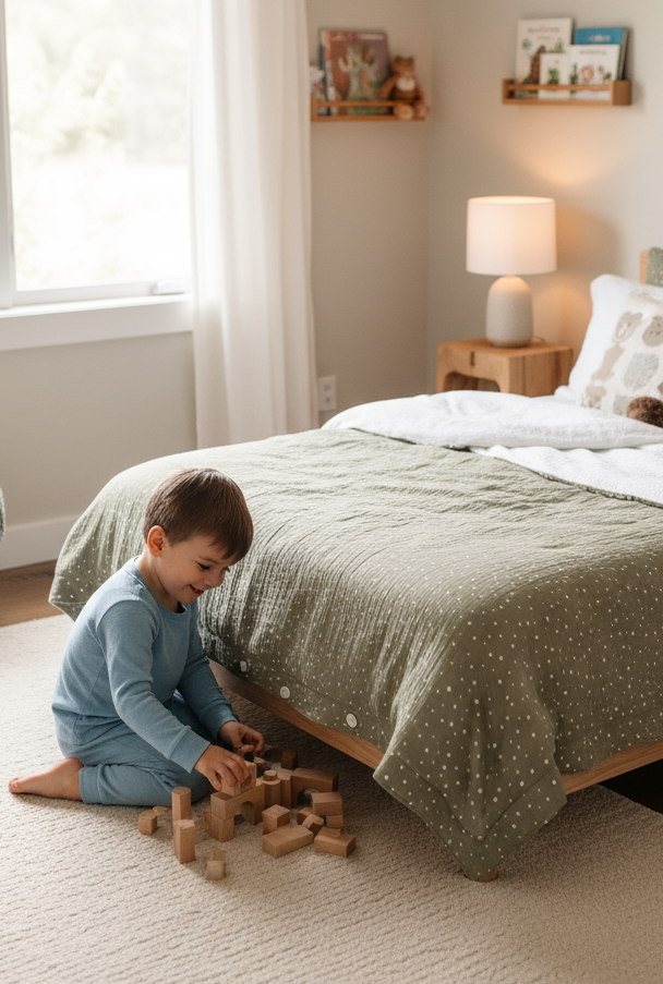 Sage Green Muslin Kids Bedding Set with Decorative Edge and Polka Dots | Soft Cotton Nursery Bedding