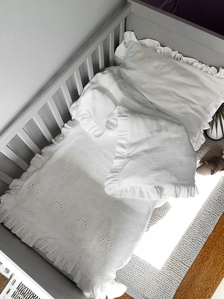 White Embroidered Muslin Kids Bedding Set with Ruffles | Soft Cotton Nursery Bedding
