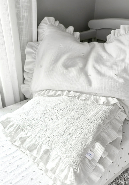 White Embroidered Muslin Kids Bedding Set with Ruffles | Soft Cotton Nursery Bedding