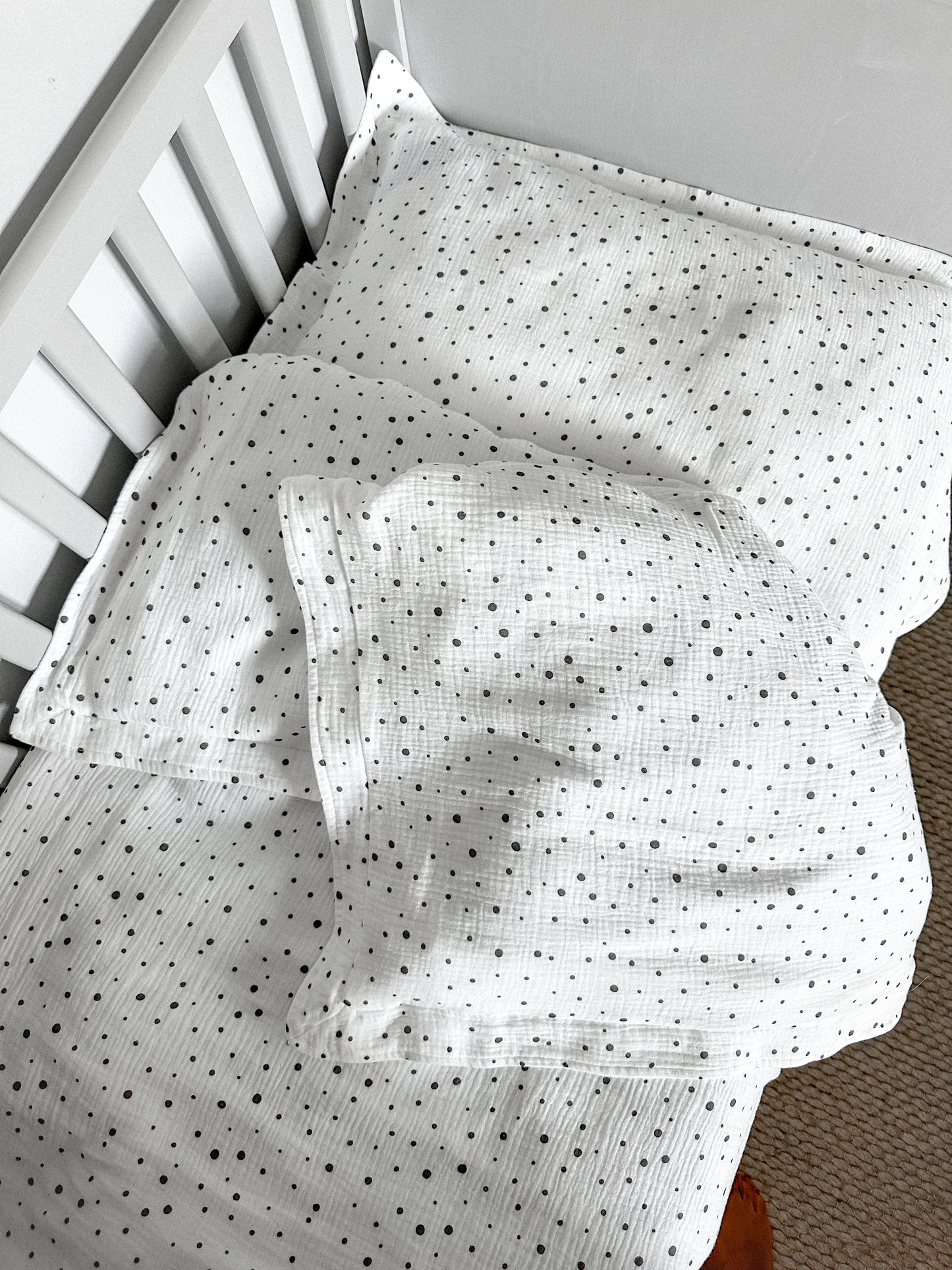 White Muslin Kids Bedding Set with Decorative Edge and Polka Dots | Soft Cotton Nursery Bedding