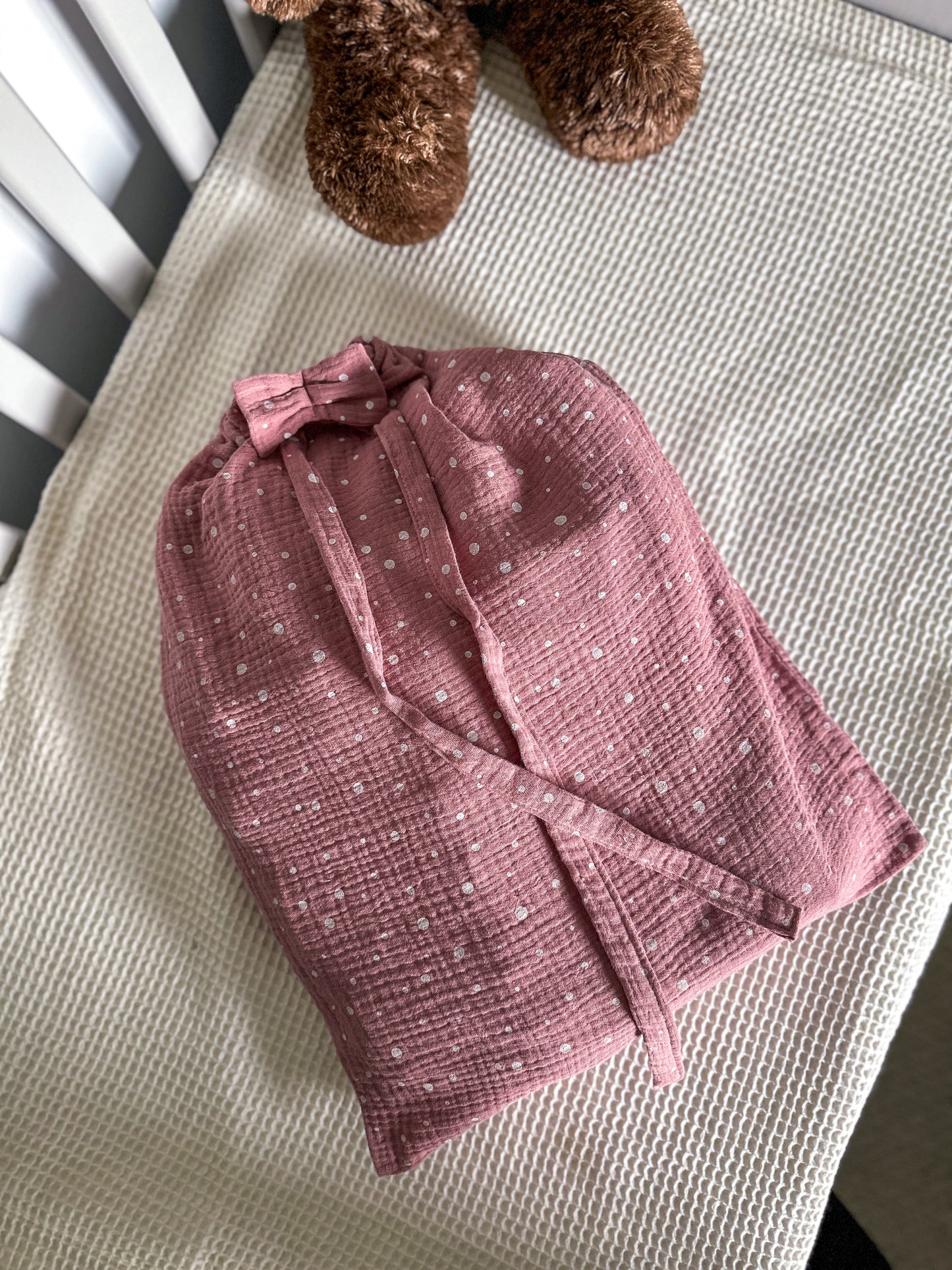 Dusty Pink Muslin Kids Bedding Set with Ruffles and Polka Dots | Soft Cotton Nursery Bedding