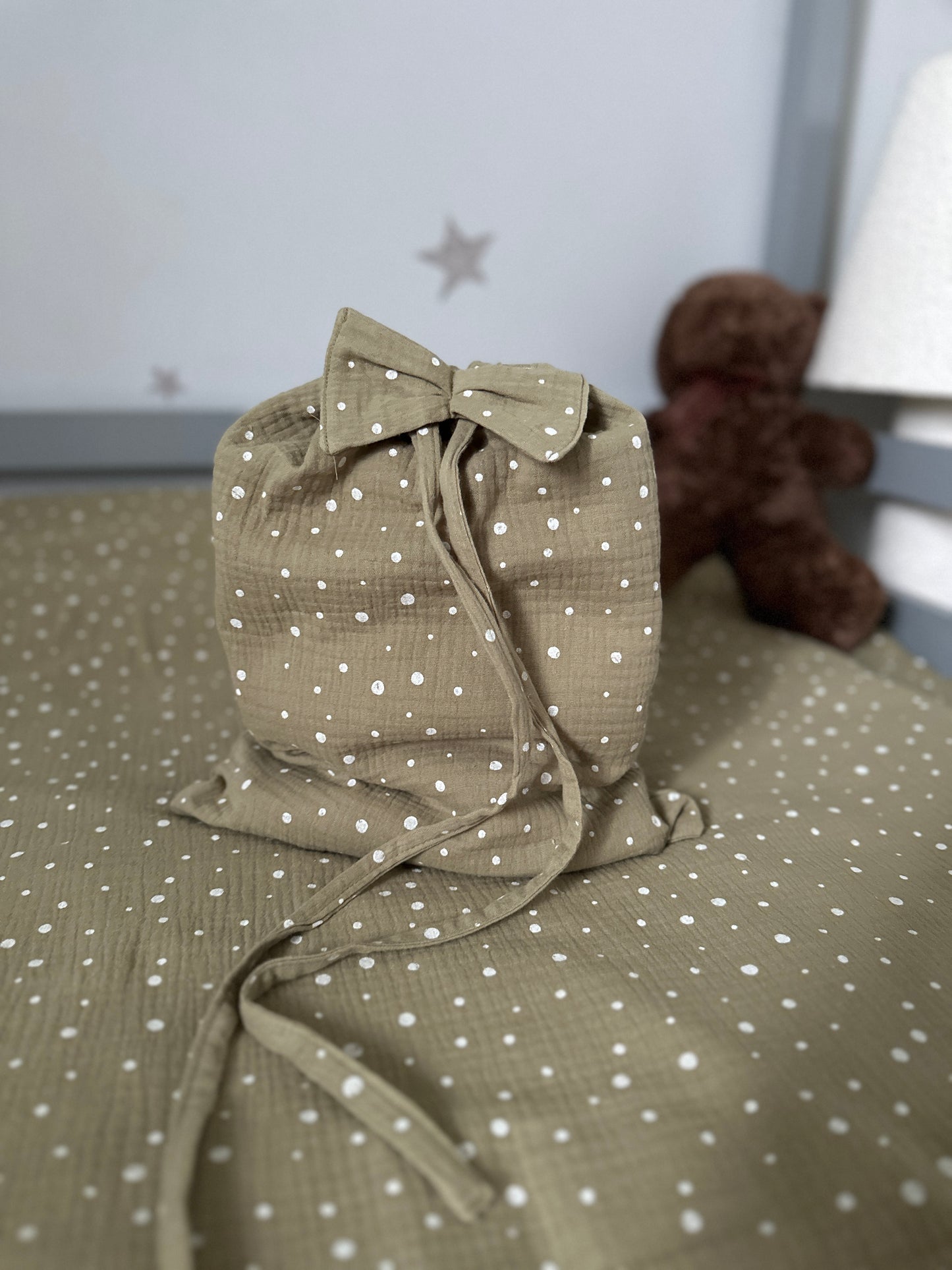 Sage Green Muslin Kids Bedding Set with Decorative Edge and Polka Dots | Soft Cotton Nursery Bedding