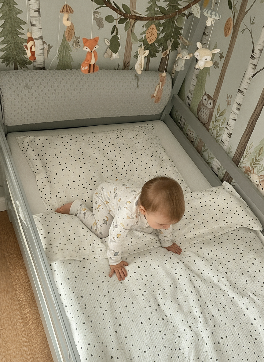 White Muslin Kids Bedding Set with Decorative Edge and Polka Dots | Soft Cotton Nursery Bedding