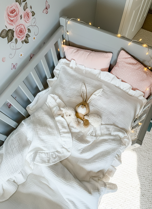White Muslin Kids Bedding Set with Ruffles | Soft Cotton Nursery Bedding