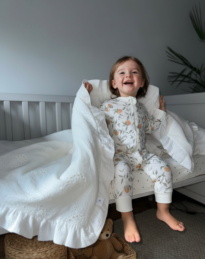 White Embroidered Muslin Kids Bedding Set with Ruffles | Soft Cotton Nursery Bedding